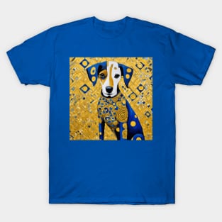 Gustav Klimt Style Dog with Blue and Gold Geometric Patterns T-Shirt